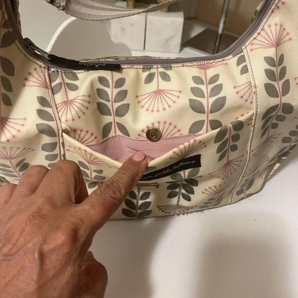 PETUNIA PICKLE BOTTOM Shoulder Diaper Bag Green & cream Floral Big